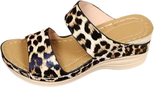 Womens Wedge Sandals wide Width Leopard Print Low Heel Sandals Open Toe Arch Support Comfort Wear Orthopedic Shoes Non-Slip Beach Walking Sandal Breathable Comfy Shoes Comfortable Wedges for Women