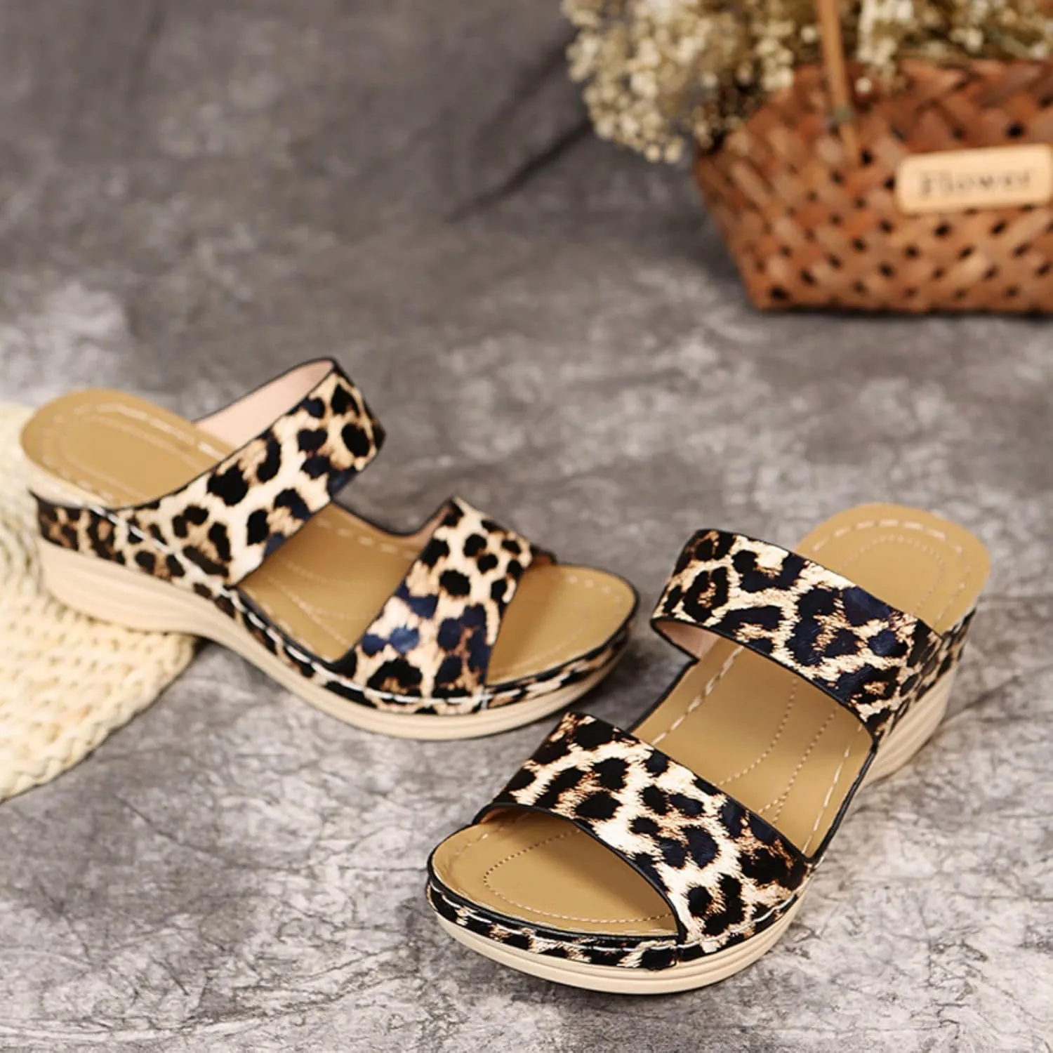 Womens Wedge Sandals wide Width Leopard Print Low Heel Sandals Open Toe Arch Support Comfort Wear Orthopedic Shoes Non-Slip Beach Walking Sandal Breathable Comfy Shoes Comfortable Wedges for Women