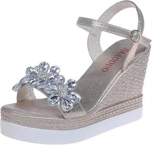 Womens Wedges Platforms Crystal Floral Sandals,Summer Casual Ankle Straps Buckle Open Toe Chunky High Heels Sandalias Comfy Banquet Party Shoes