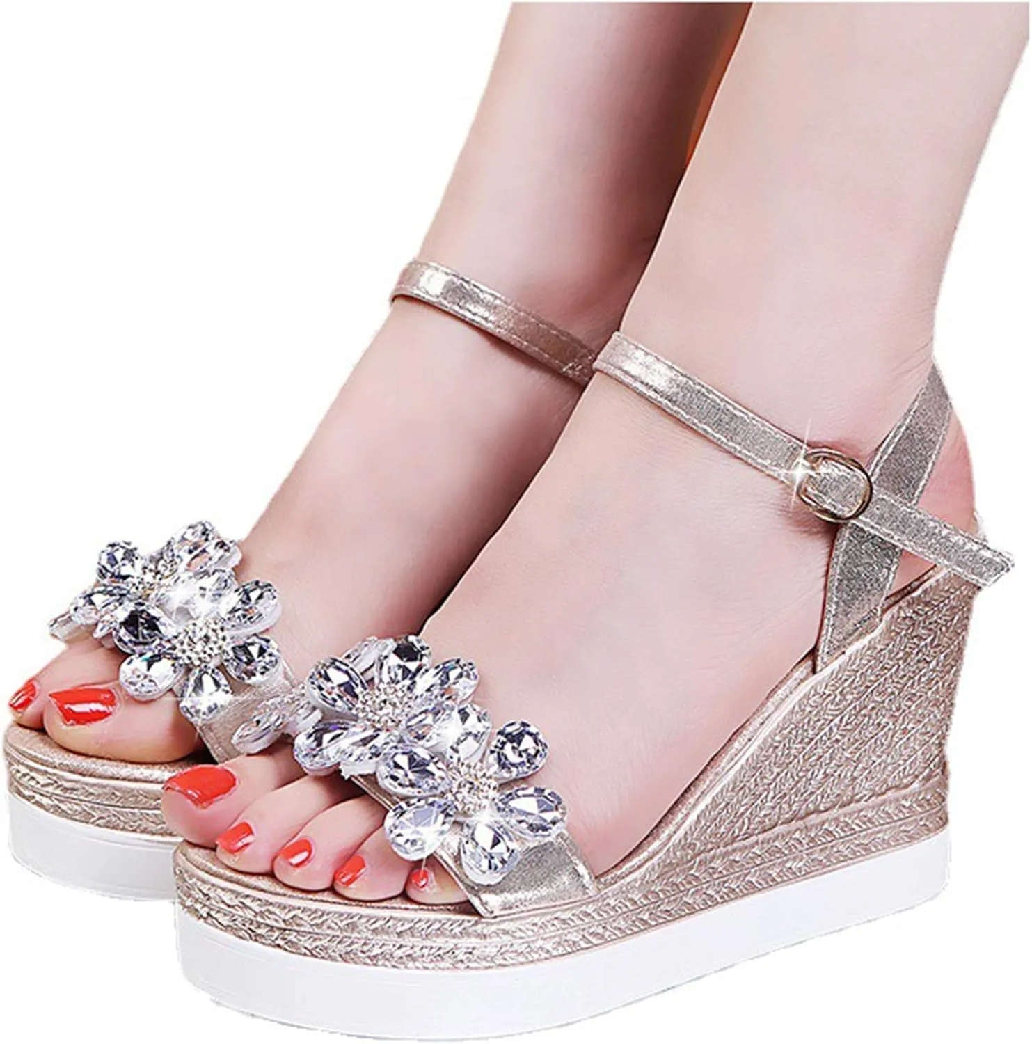 Womens Wedges Platforms Crystal Floral Sandals,Summer Casual Ankle Straps Buckle Open Toe Chunky High Heels Sandalias Comfy Banquet Party Shoes