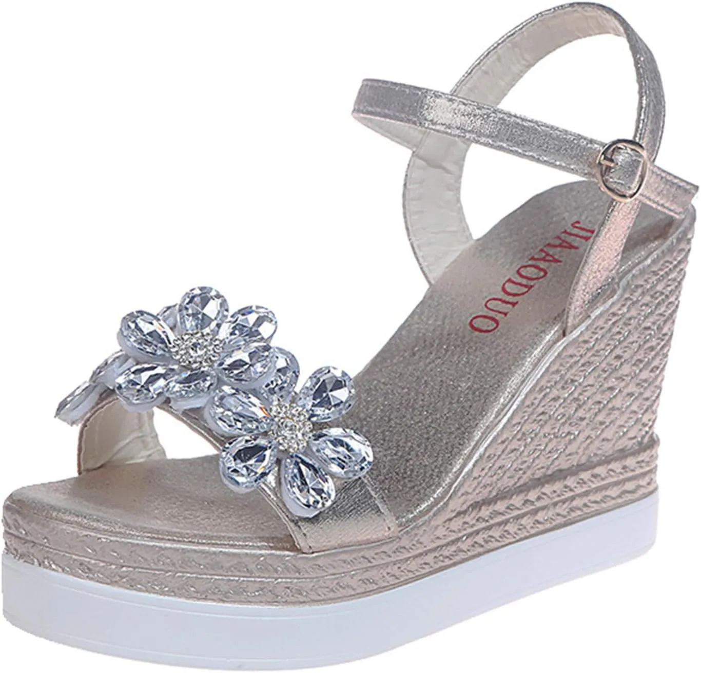 Womens Wedges Platforms Crystal Floral Sandals,Summer Casual Ankle Straps Buckle Open Toe Chunky High Heels Sandalias Comfy Banquet Party Shoes