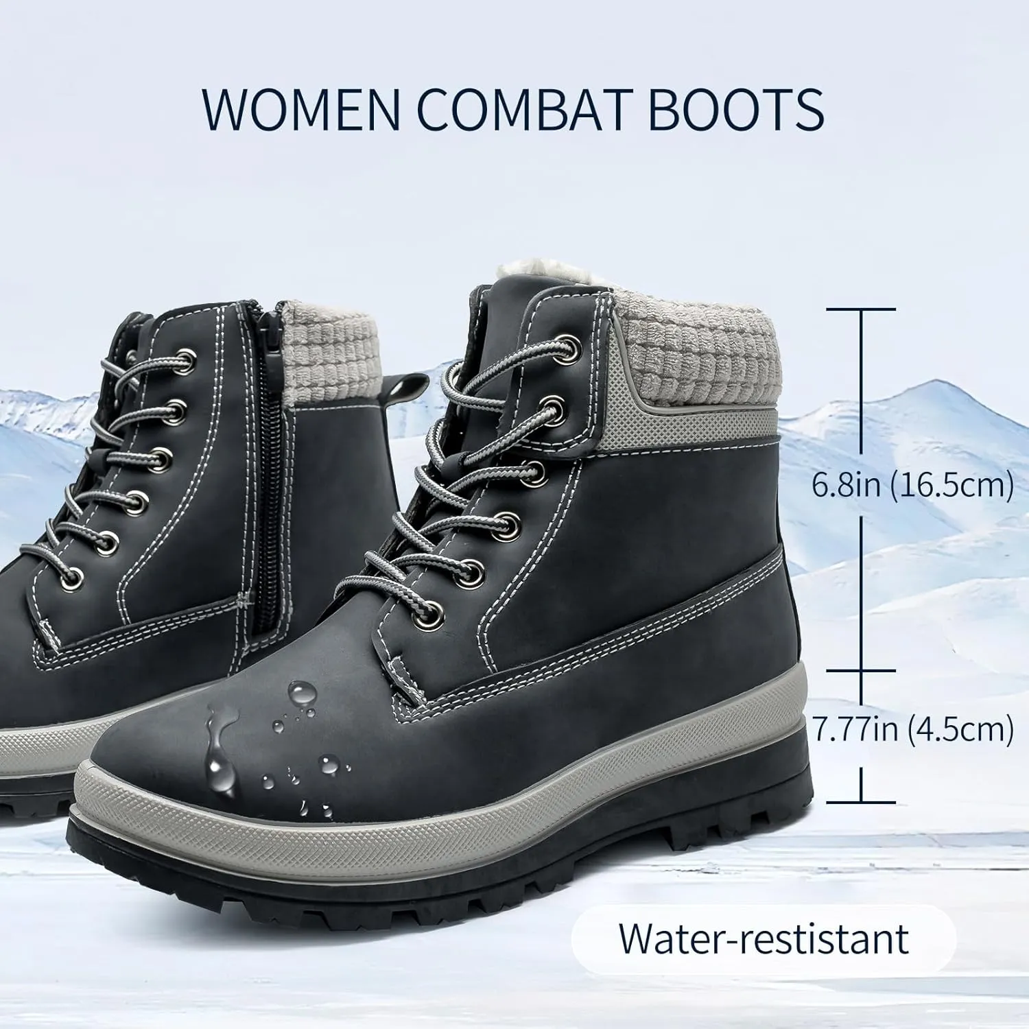 Womens White Winter Snow Boots Combat Boots for women Waterproof Fur Lined Ankle Booties Non Slip Fuzzy Warm Platform Boots Lace Up Hiking boots with Zipper