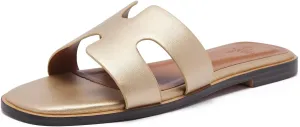 Women's Wide Width Leather Flat Sandals Slipper 2025 Summer Fashion Comfortable Memory Foam Slides for Women Footwear
