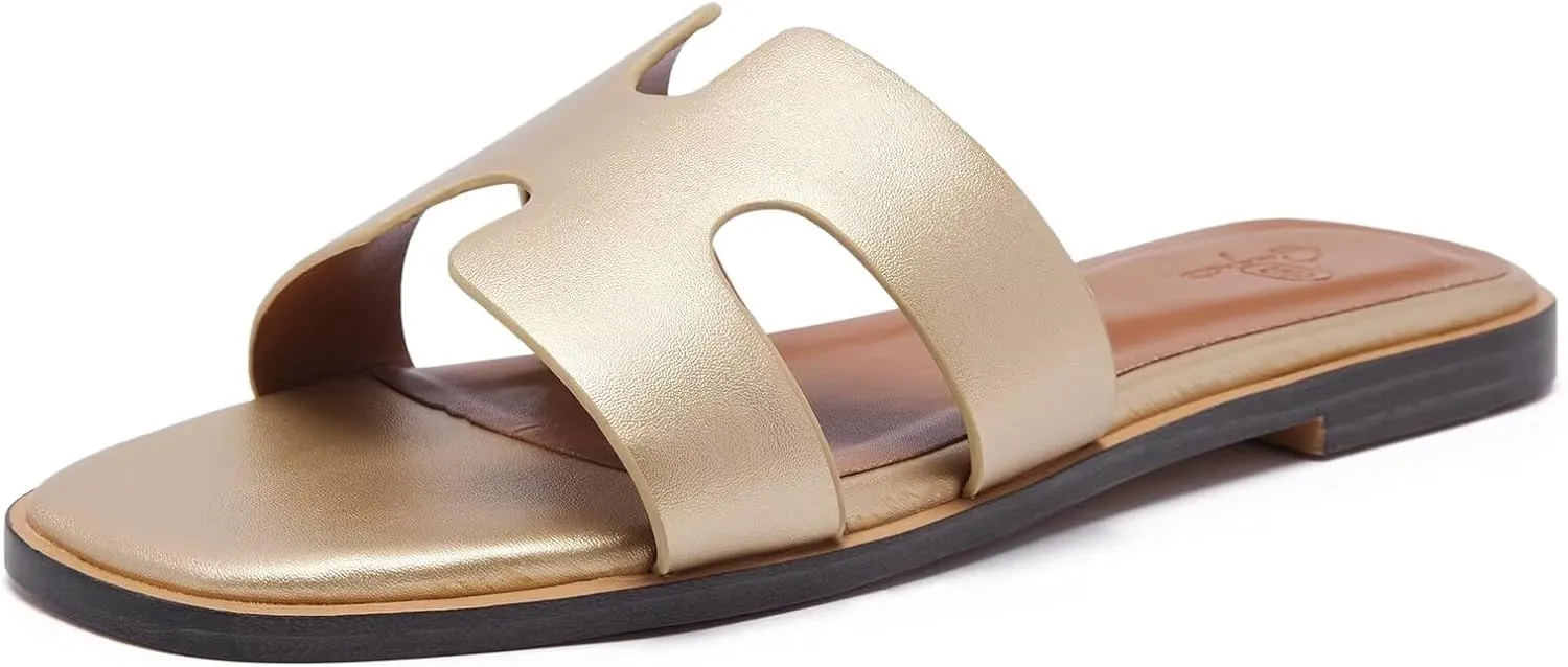 Women's Wide Width Leather Flat Sandals Slipper 2025 Summer Fashion Comfortable Memory Foam Slides for Women Footwear