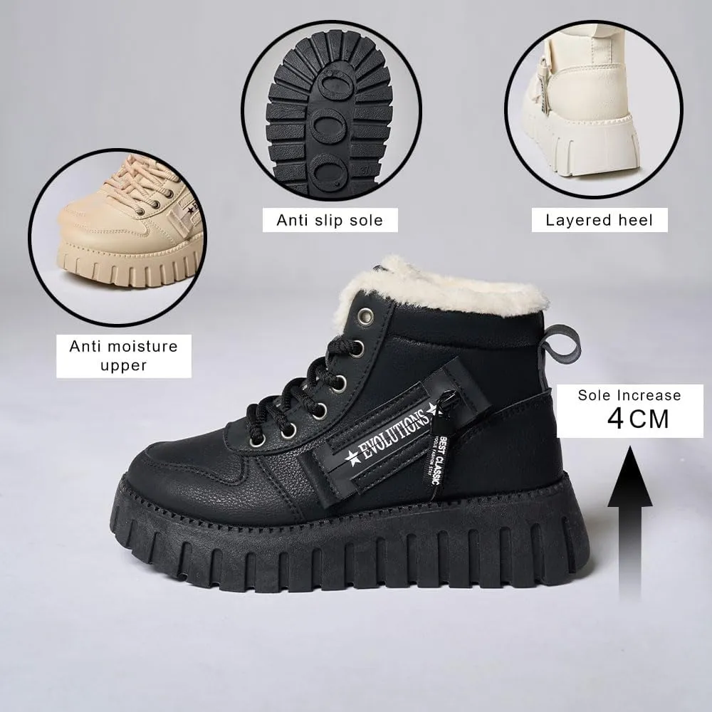 Women's Winter Boots, Lace Up Warm Sneakers, Zipper Design Thick Heels