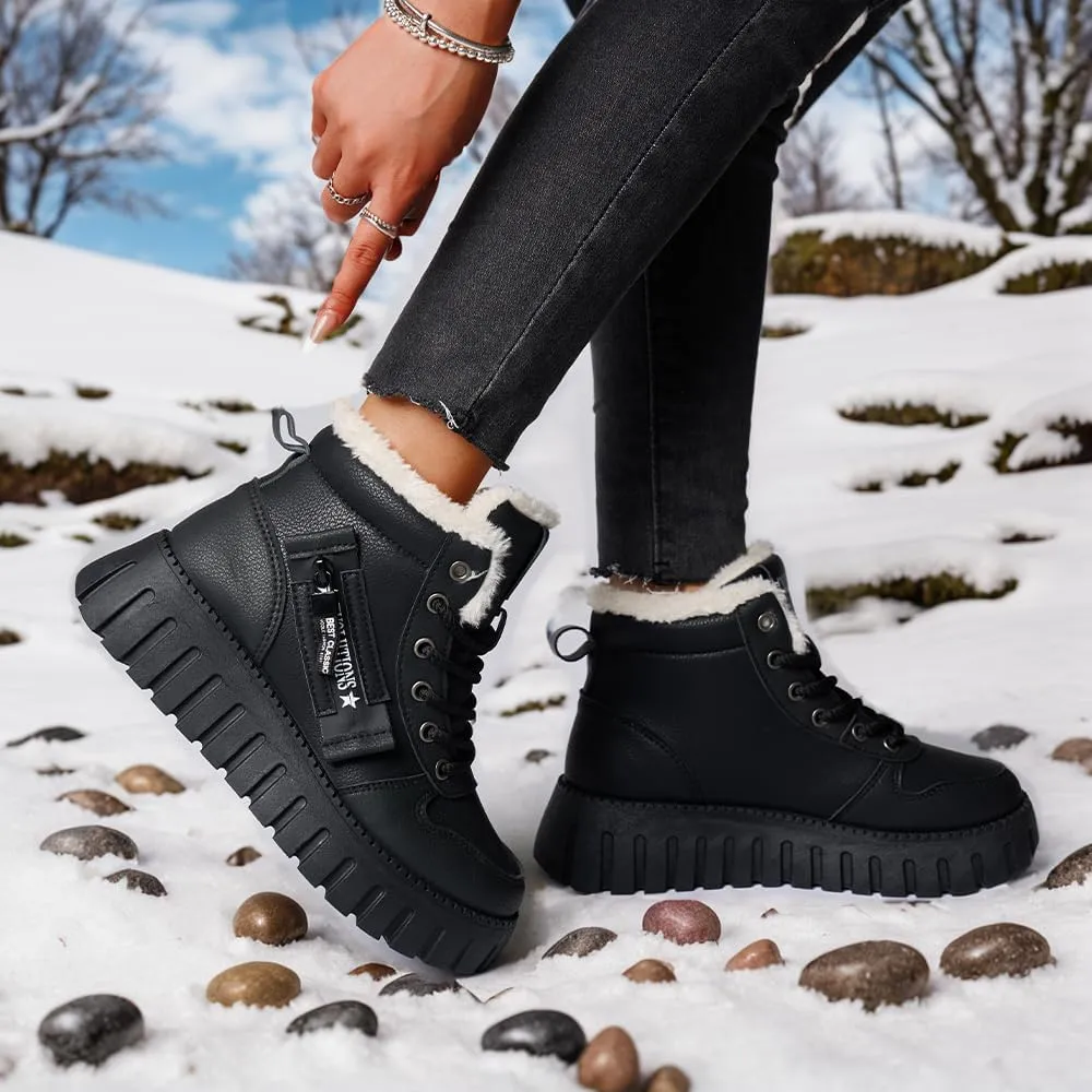 Women's Winter Boots, Lace Up Warm Sneakers, Zipper Design Thick Heels