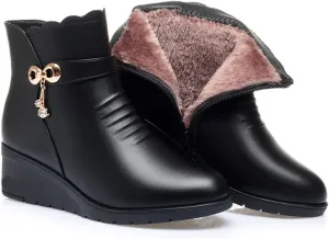 Women's Winter Warm Platform Wedges Ankle Booties Soft Leather Platform Side Zipper Sparkling Rhinestones Fully Fur Lined Thickening Snow Boot
