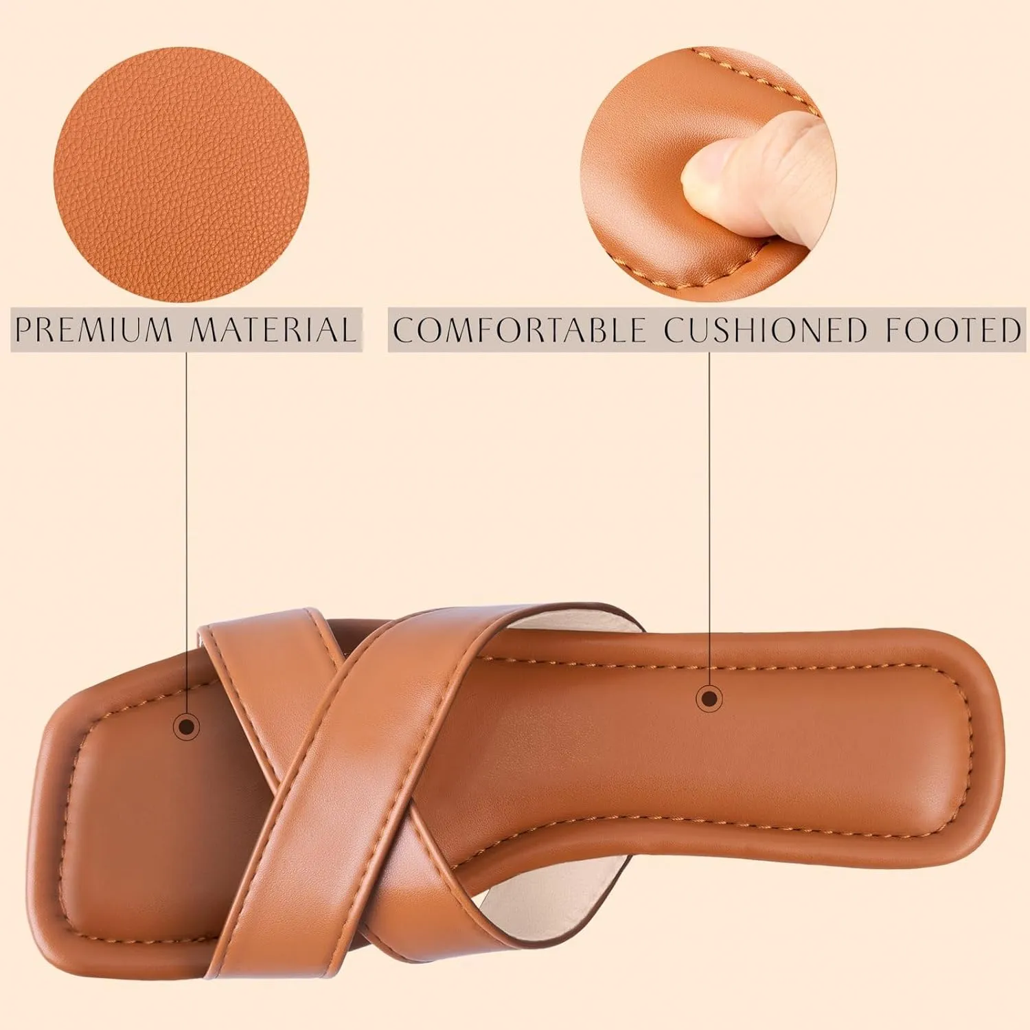 WONDERWAY Womens Sandals Comfortable Wide Leather Crisscross Summer Square Toe Flat Slide Sandals