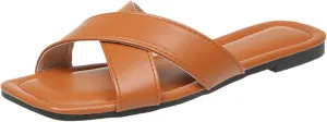 WONDERWAY Womens Sandals Comfortable Wide Leather Crisscross Summer Square Toe Flat Slide Sandals