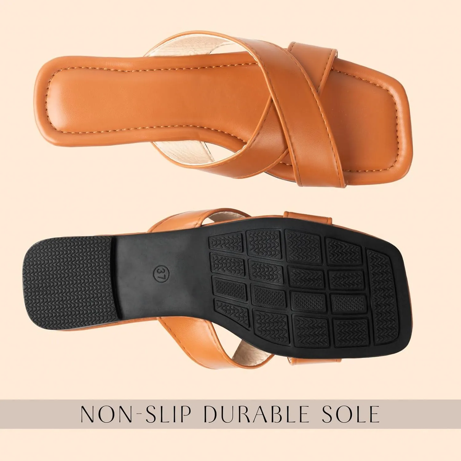 WONDERWAY Womens Sandals Comfortable Wide Leather Crisscross Summer Square Toe Flat Slide Sandals