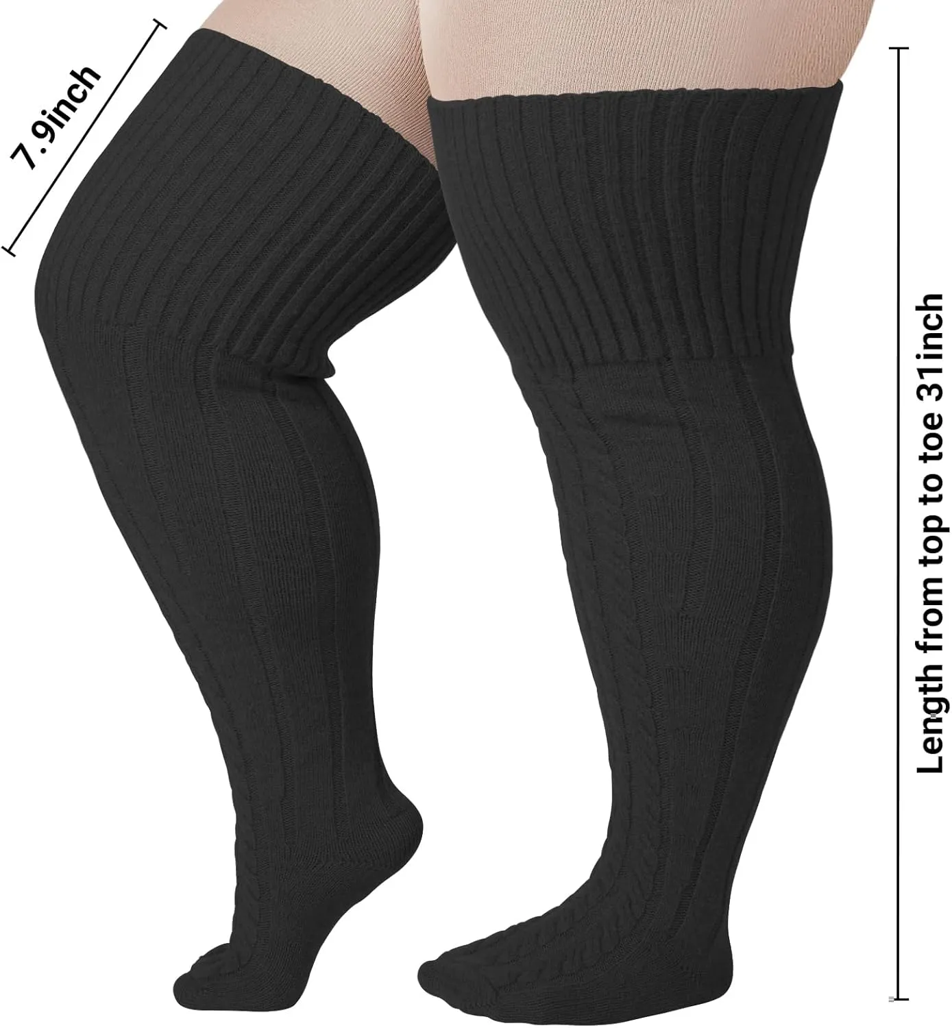 Wool Plus Size Thigh High Socks For Thick Thighs- Extra Long Womens Warm Cable Knit Over Knee Stockings Leg Warmers