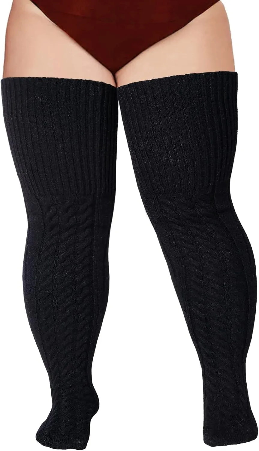 Wool Plus Size Thigh High Socks For Thick Thighs- Extra Long Womens Warm Cable Knit Over Knee Stockings Leg Warmers