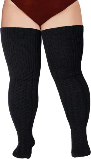 Wool Plus Size Thigh High Socks For Thick Thighs- Extra Long Womens Warm Cable Knit Over Knee Stockings Leg Warmers