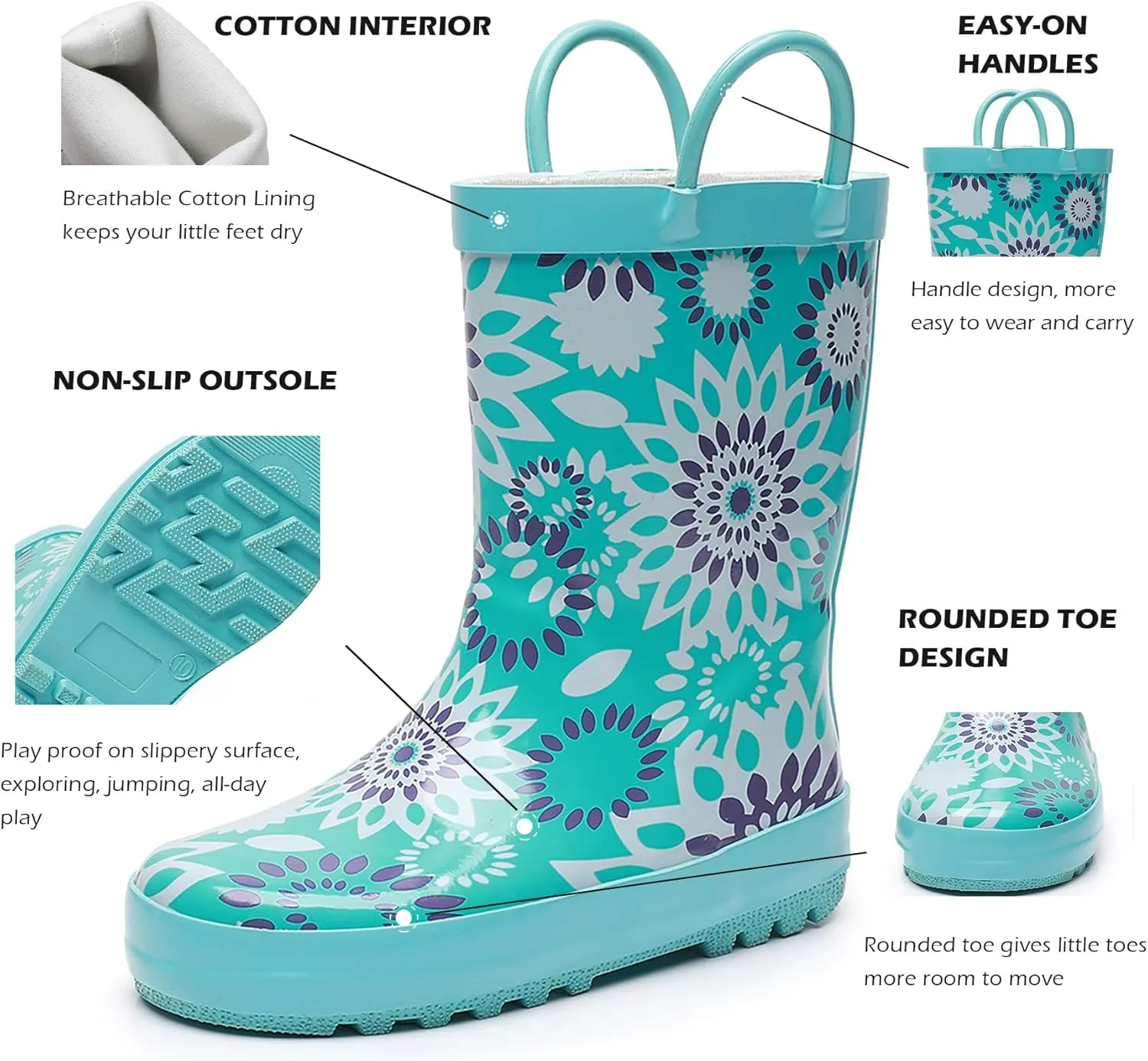 WTW Toddler and Kids Rain Boots Unisex-Child Waterproof Rubber Rain Boots with Easy-On Handles in Fun Patterns for Girls and Boys (Toddler/Little Kid/Big Kid)