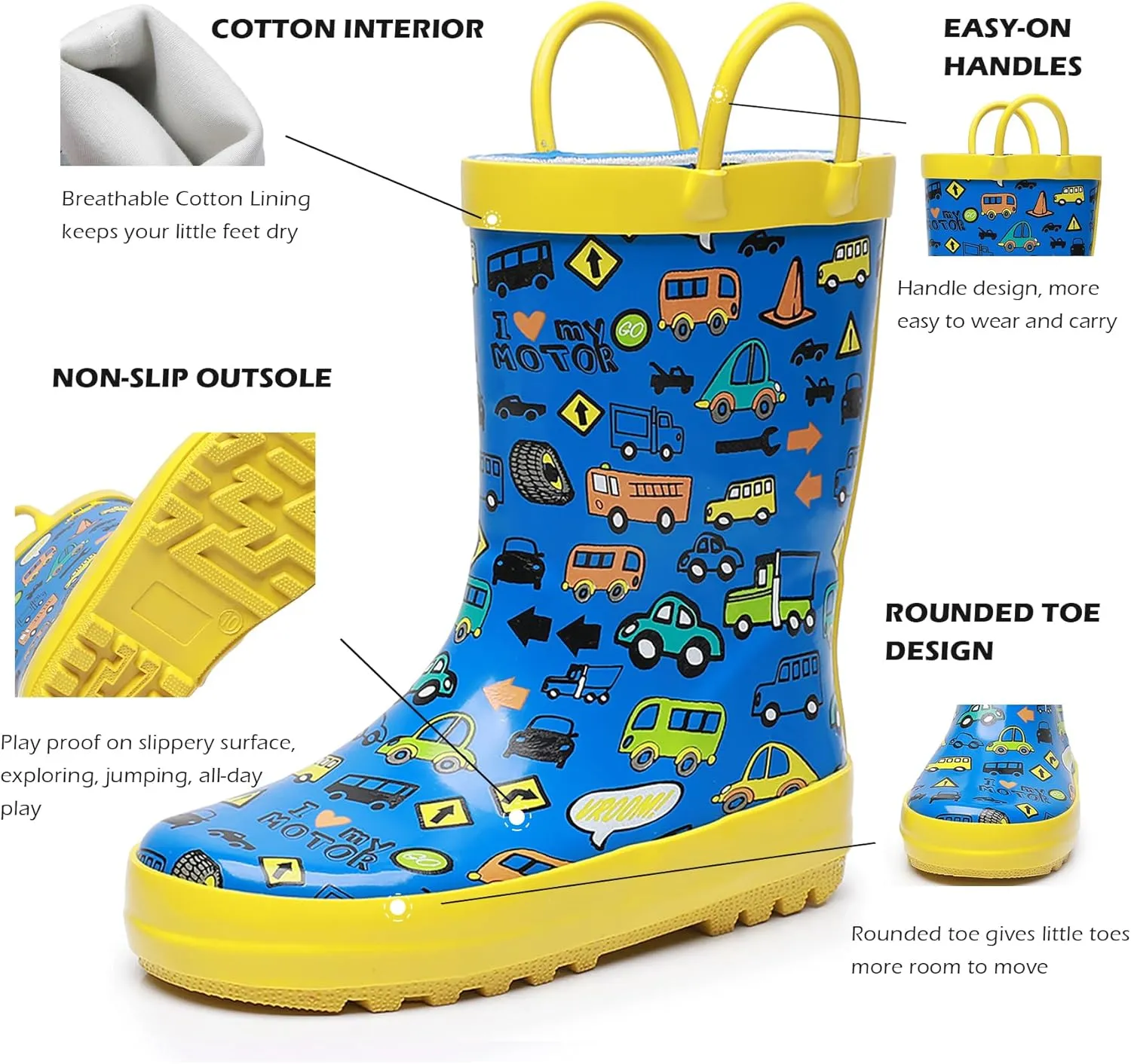 WTW Toddler and Kids Rain Boots Unisex-Child Waterproof Rubber Rain Boots with Easy-On Handles in Fun Patterns for Girls and Boys (Toddler/Little Kid/Big Kid)