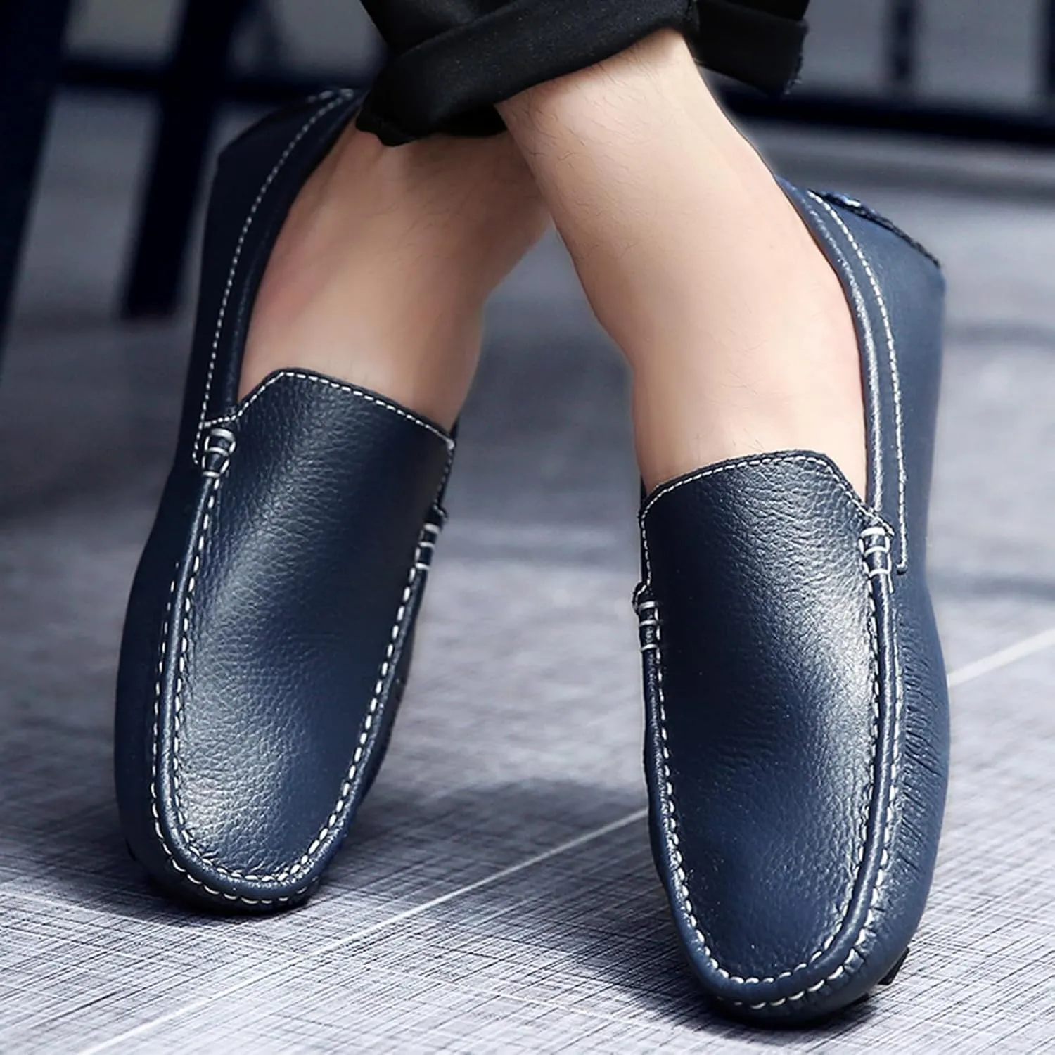 WUIWUIYU Men's Leather Loafers Casual Slip Ons Soft Penny Loafers Walking Driving Boat Shoes