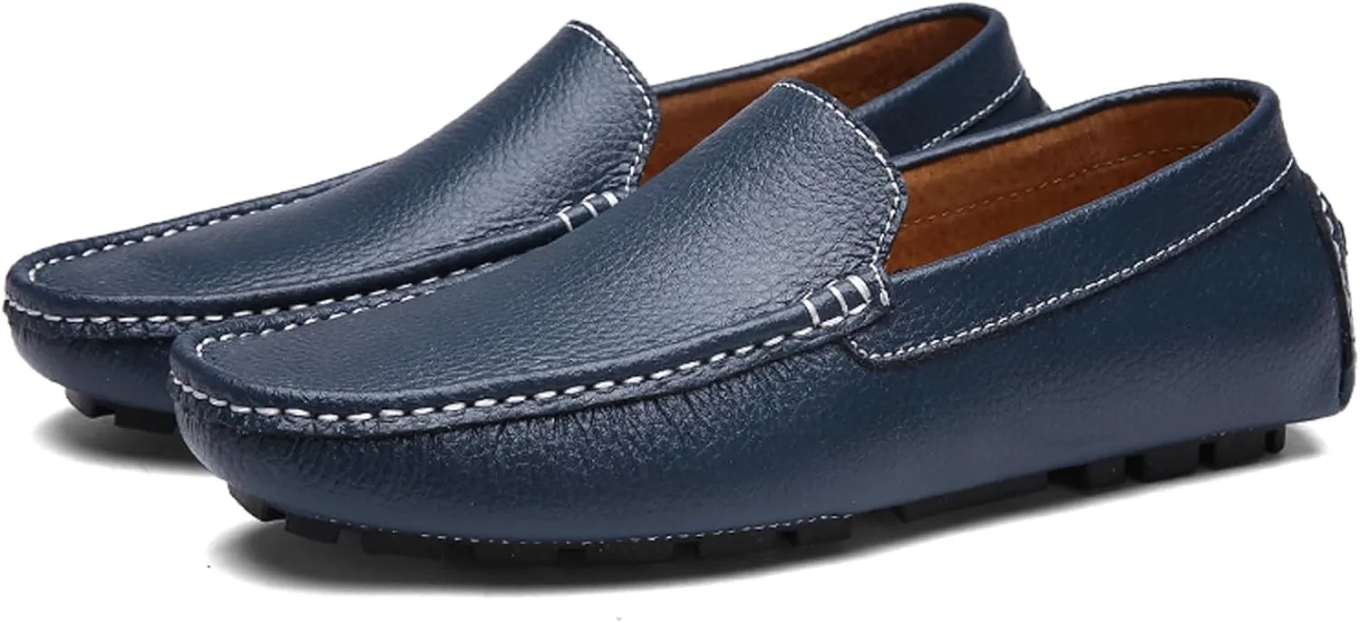 WUIWUIYU Men's Leather Loafers Casual Slip Ons Soft Penny Loafers Walking Driving Boat Shoes