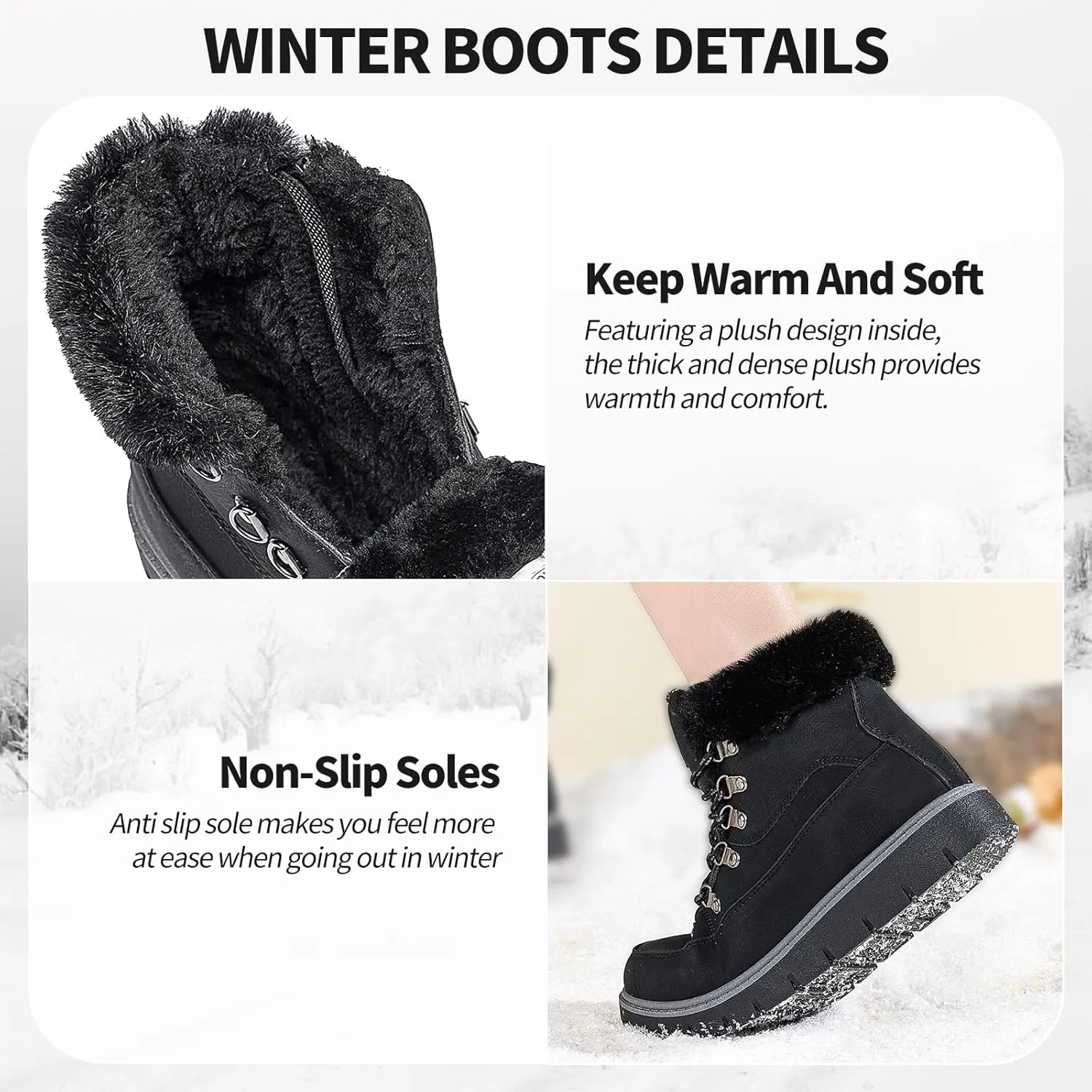 XRH Women’s Winter Warm Boots Black Snow Combat Boots With Zipper,Comfortable Fur Lined Women Ankle Boots Non Slip Hiking Boots For Women
