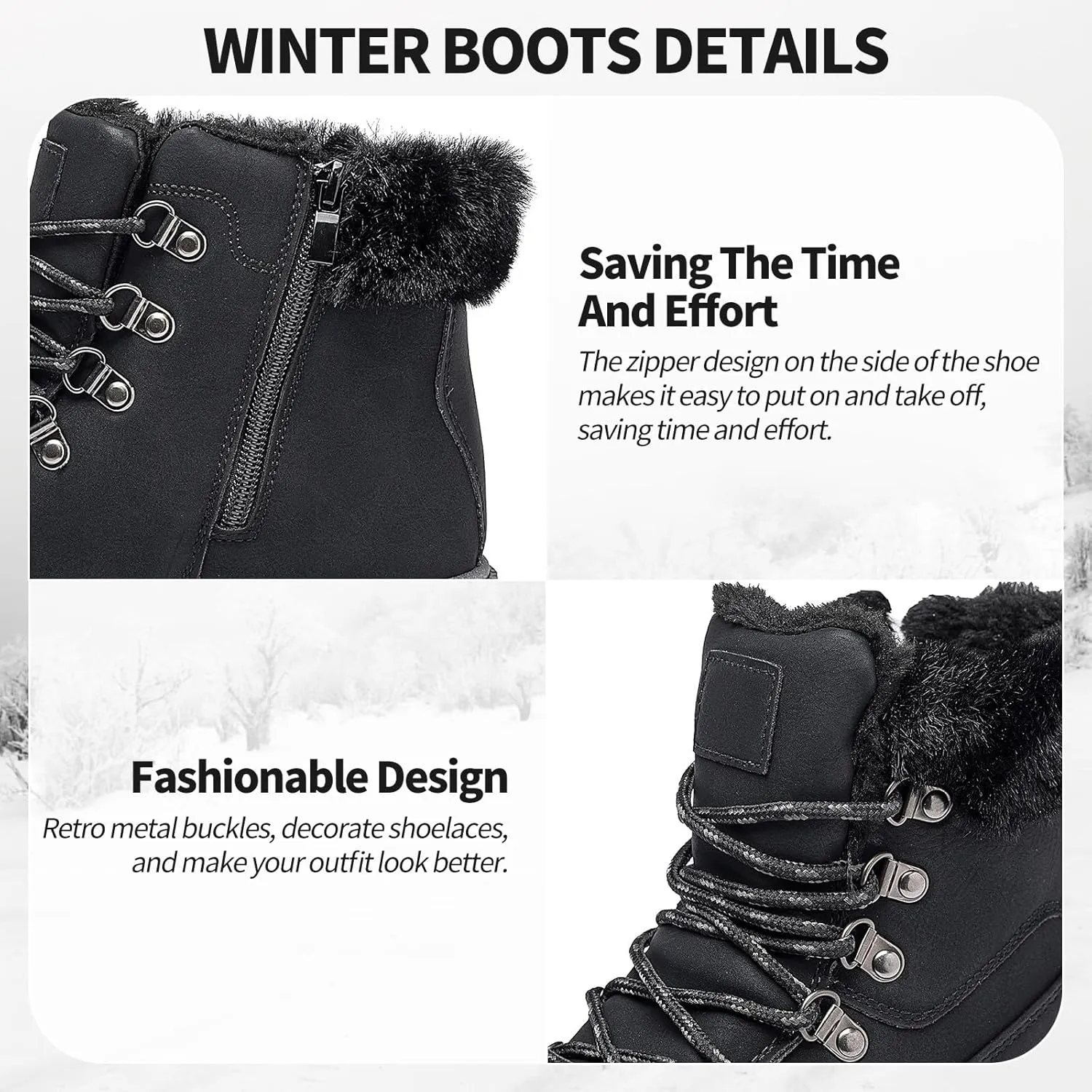 XRH Women’s Winter Warm Boots Black Snow Combat Boots With Zipper,Comfortable Fur Lined Women Ankle Boots Non Slip Hiking Boots For Women