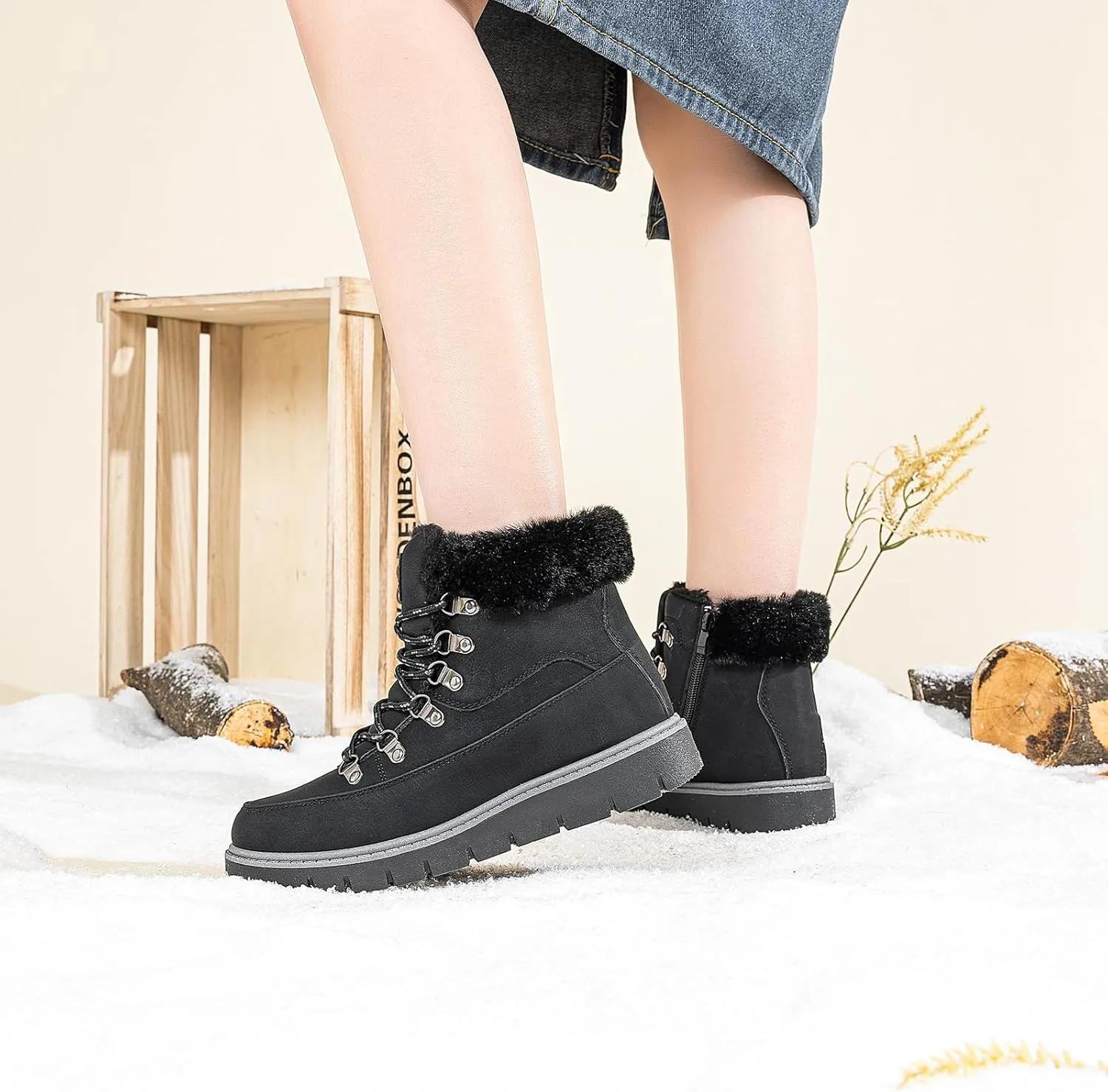XRH Women’s Winter Warm Boots Black Snow Combat Boots With Zipper,Comfortable Fur Lined Women Ankle Boots Non Slip Hiking Boots For Women