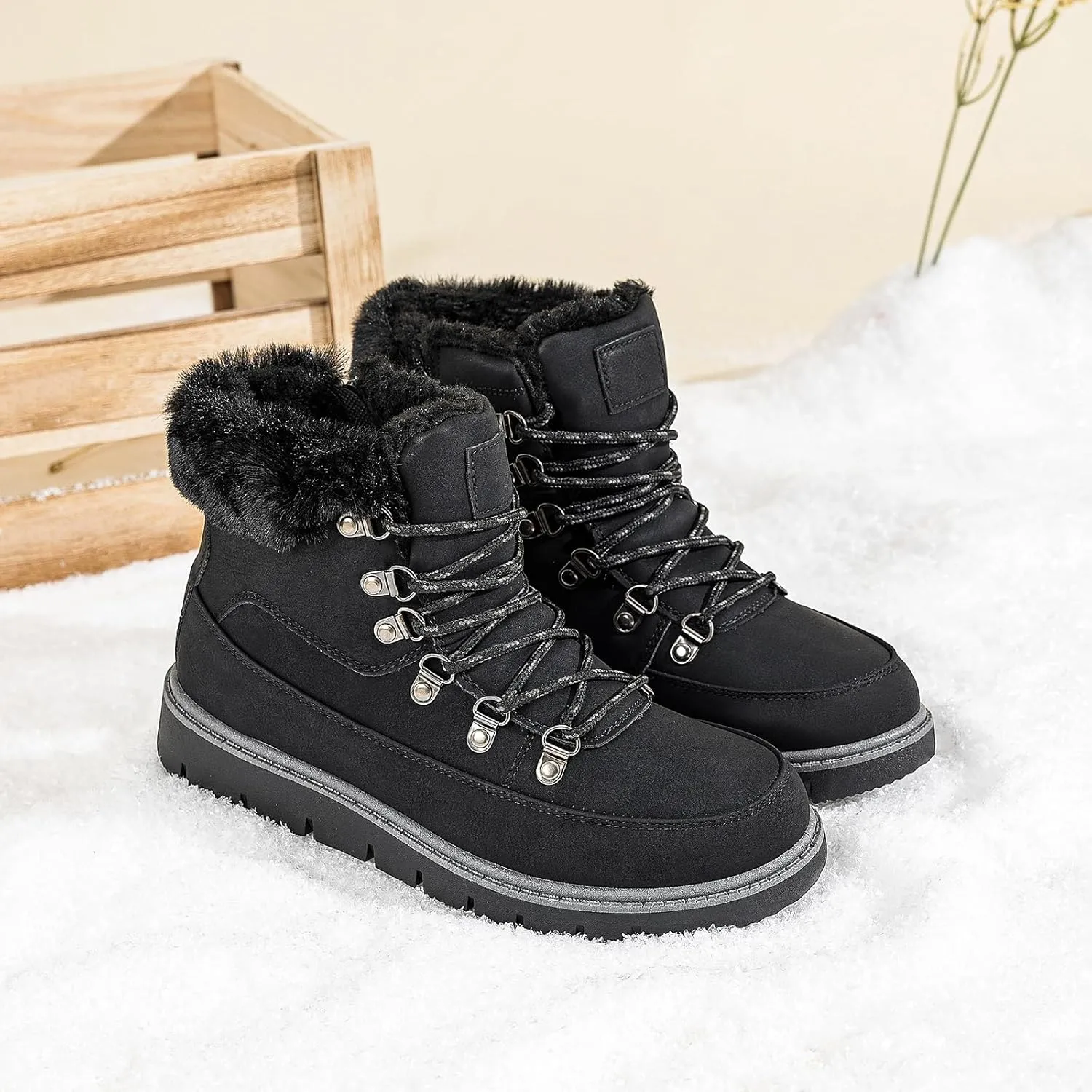 XRH Women’s Winter Warm Boots Black Snow Combat Boots With Zipper,Comfortable Fur Lined Women Ankle Boots Non Slip Hiking Boots For Women