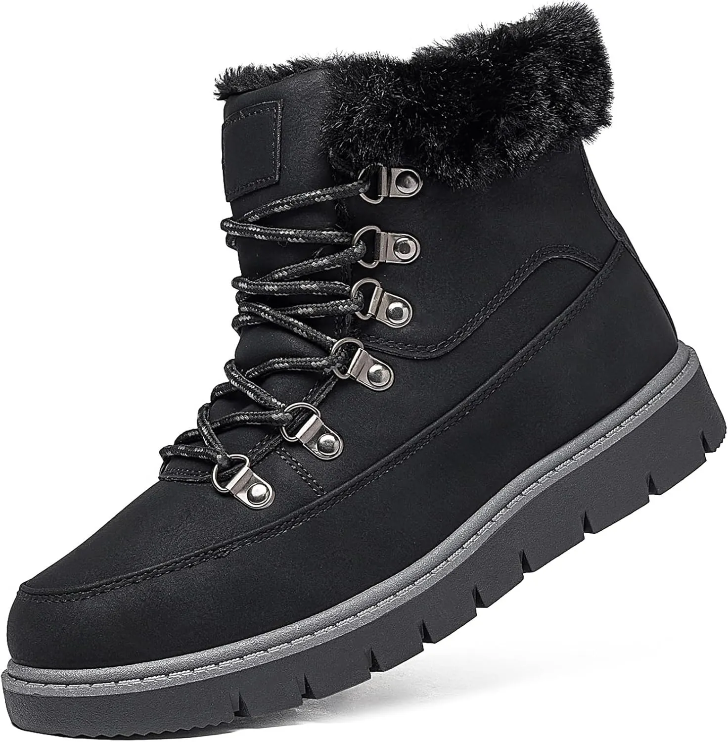 XRH Women’s Winter Warm Boots Black Snow Combat Boots With Zipper,Comfortable Fur Lined Women Ankle Boots Non Slip Hiking Boots For Women