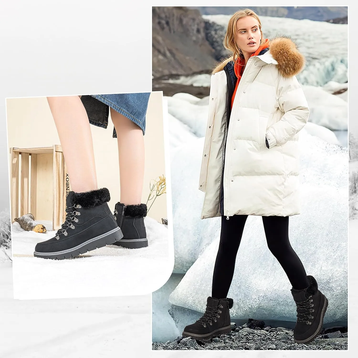 XRH Women’s Winter Warm Boots Black Snow Combat Boots With Zipper,Comfortable Fur Lined Women Ankle Boots Non Slip Hiking Boots For Women