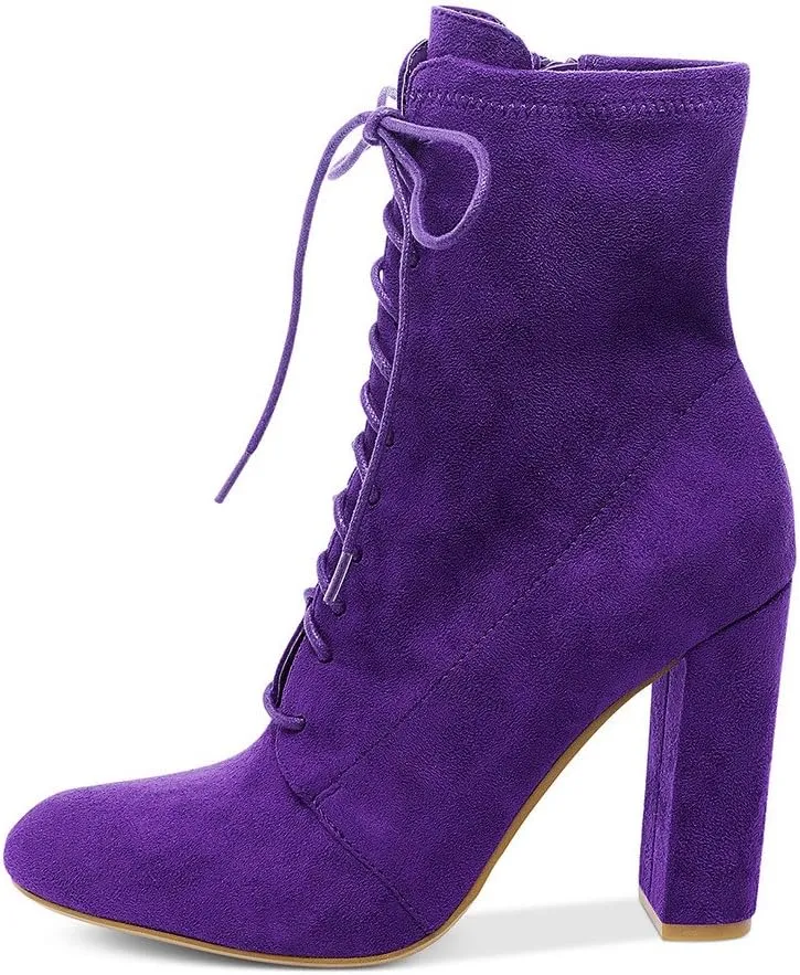 XYD All-match Ankle Boots Faux Suede Lace Up Shoes Dress Round Toe Chunky Heel Booties for Women