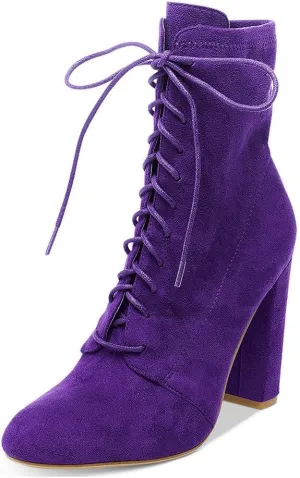 XYD All-match Ankle Boots Faux Suede Lace Up Shoes Dress Round Toe Chunky Heel Booties for Women