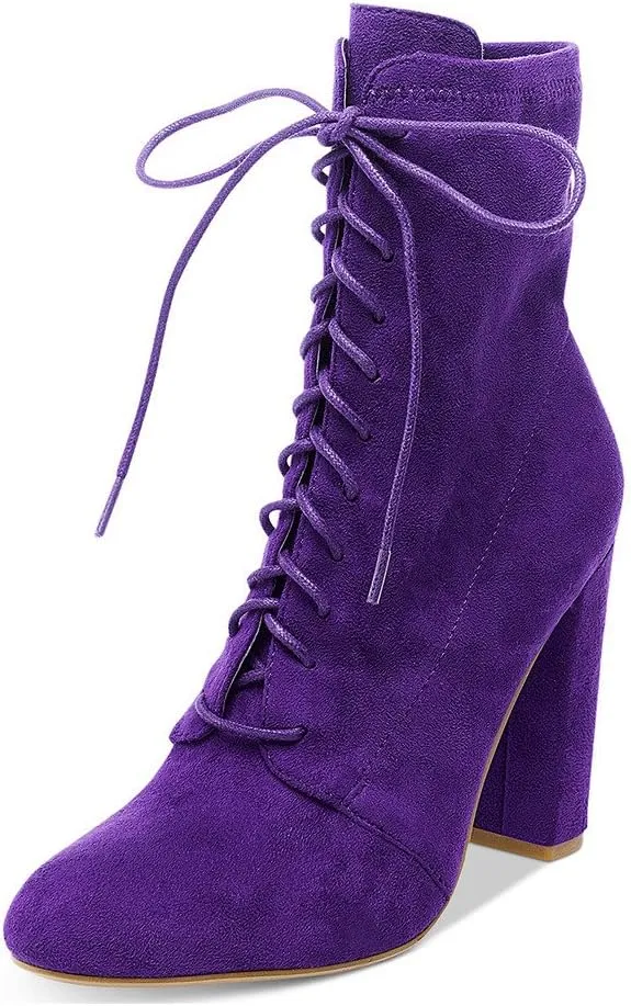 XYD All-match Ankle Boots Faux Suede Lace Up Shoes Dress Round Toe Chunky Heel Booties for Women
