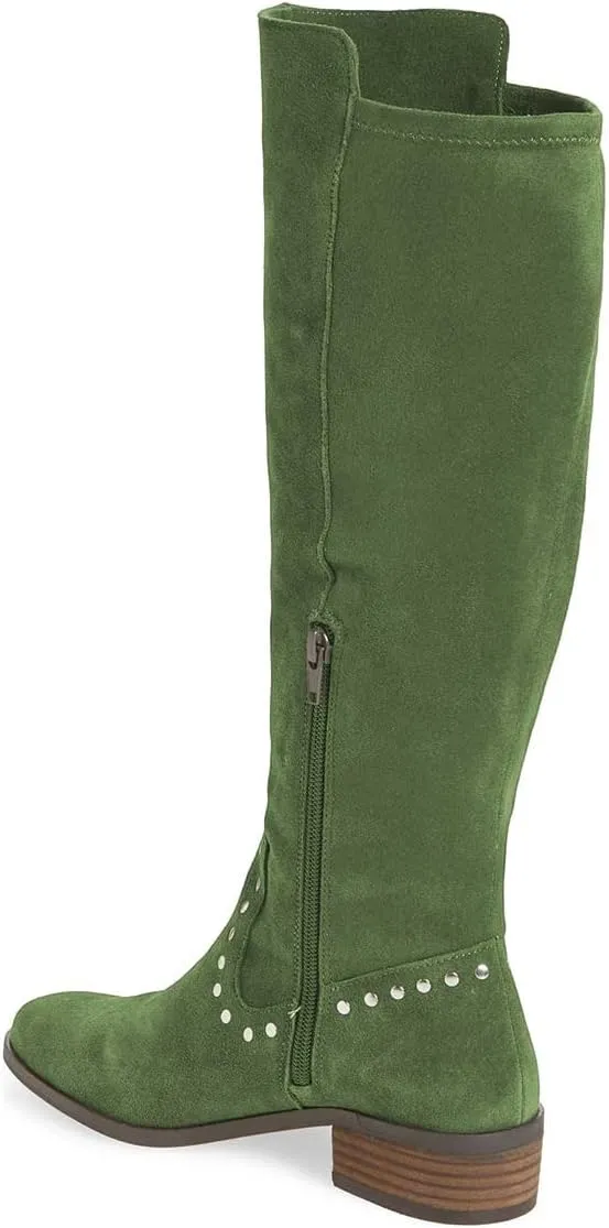 XYD Knee High Boots Rivets Studded Mid Chunky Block Heels Side Zip Round Toe Comfy Warm Trendy Shoes for Women