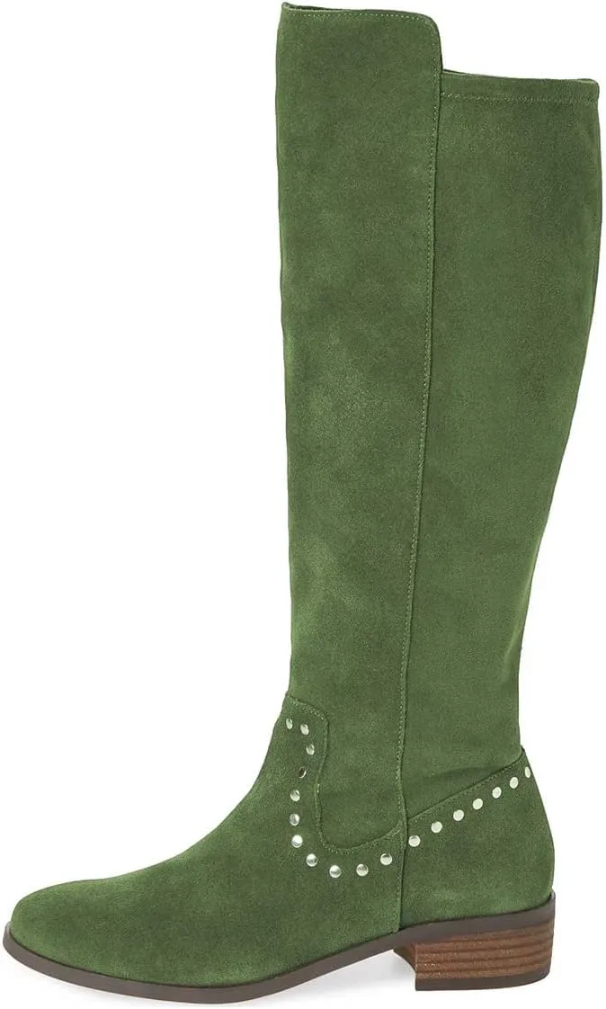 XYD Knee High Boots Rivets Studded Mid Chunky Block Heels Side Zip Round Toe Comfy Warm Trendy Shoes for Women
