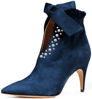 XYD Pointy Toe Pearl Ankle Booties with Bowtie Low Kitten Heels Graceful Short Boots for Women Cute Shoes