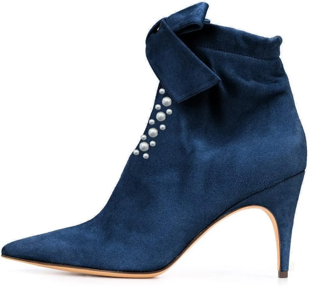 XYD Pointy Toe Pearl Ankle Booties with Bowtie Low Kitten Heels Graceful Short Boots for Women Cute Shoes
