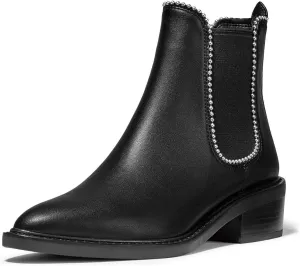 XYD Women Classic Low Chunky Heel Ankle Boots Closed Pointy Toe Pull On Studded Winter Comfy Walking Party Chic Shoes