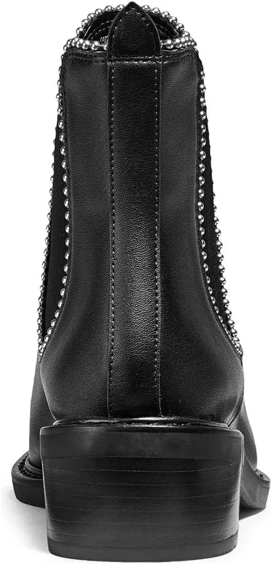 XYD Women Classic Low Chunky Heel Ankle Boots Closed Pointy Toe Pull On Studded Winter Comfy Walking Party Chic Shoes