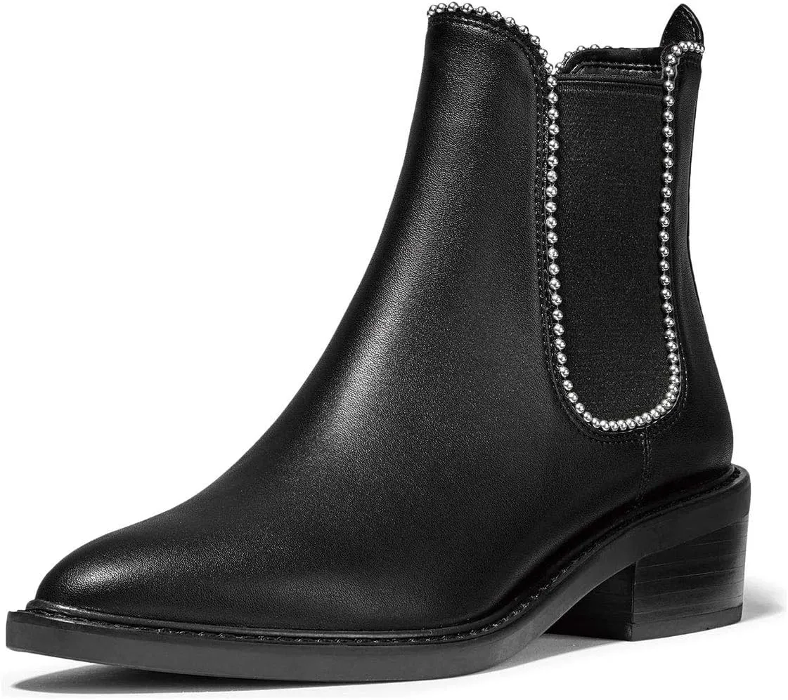 XYD Women Classic Low Chunky Heel Ankle Boots Closed Pointy Toe Pull On Studded Winter Comfy Walking Party Chic Shoes