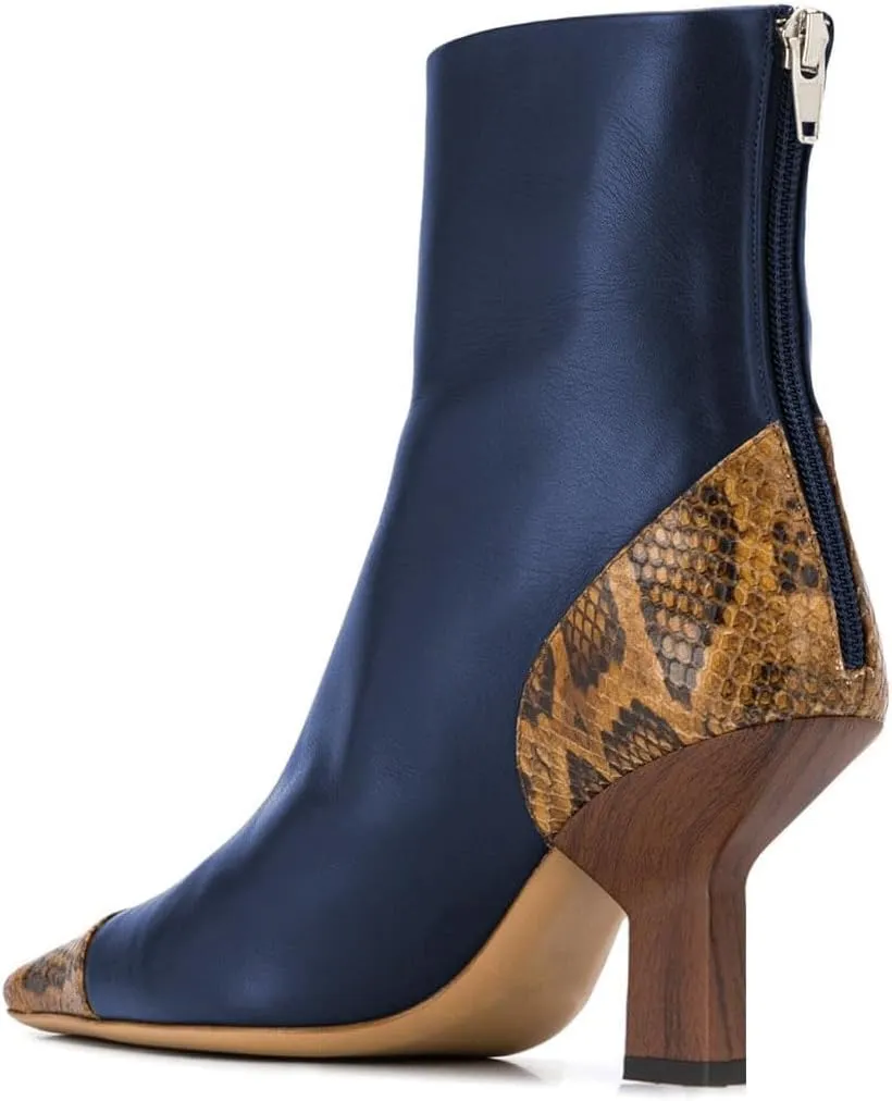 XYD Women Fashion Cap Toe Ankle Booties Square Toe Mid Heel Short Boots Snakeskin Patchwork Back Zipper Dress Shoes
