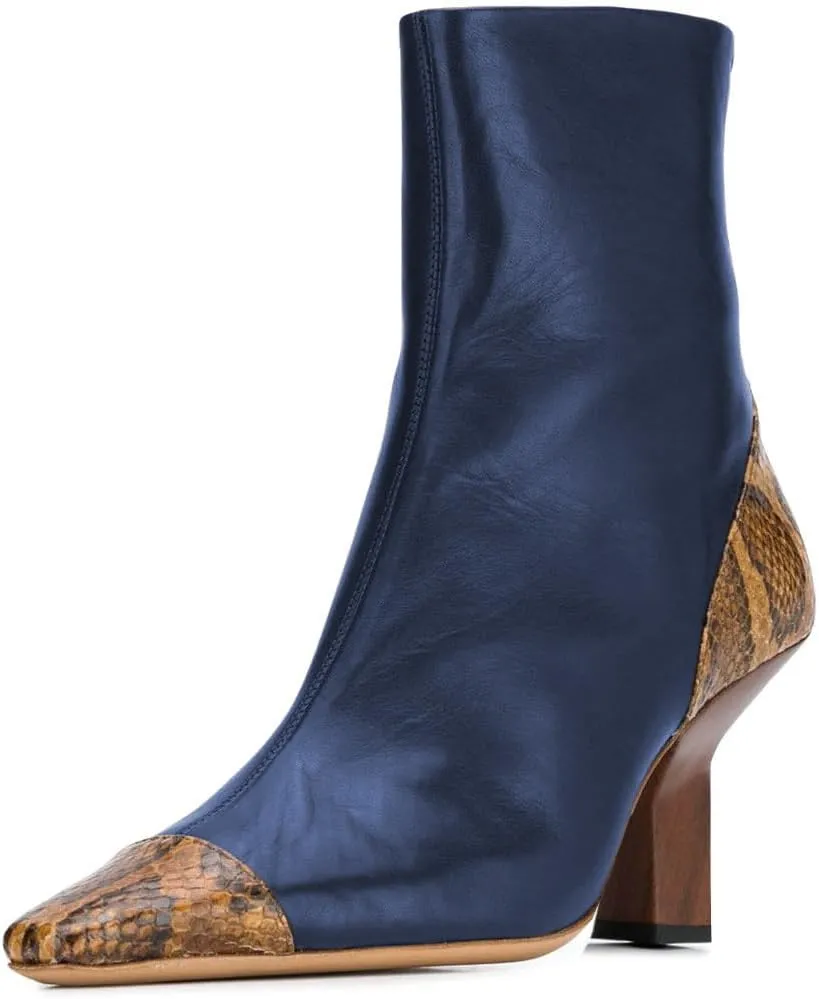XYD Women Fashion Cap Toe Ankle Booties Square Toe Mid Heel Short Boots Snakeskin Patchwork Back Zipper Dress Shoes