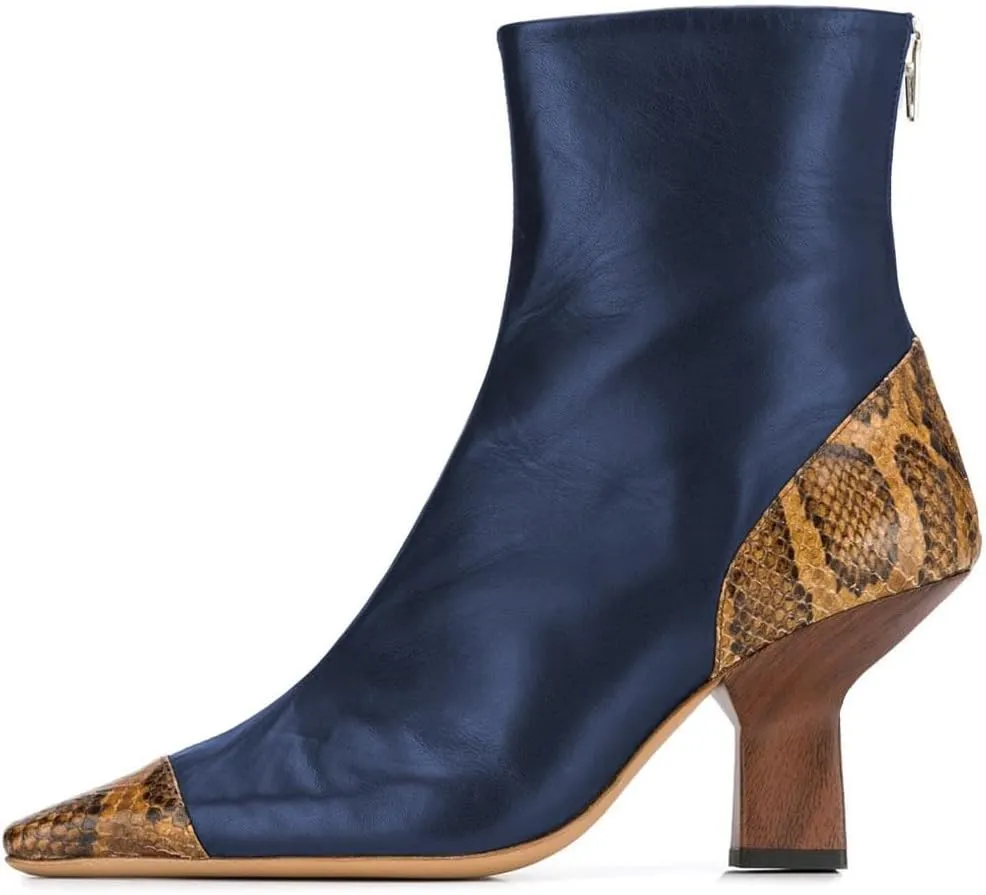 XYD Women Fashion Cap Toe Ankle Booties Square Toe Mid Heel Short Boots Snakeskin Patchwork Back Zipper Dress Shoes