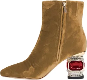 XYD Women Gorgeous Low Chunky Crystal Gem Heel Ankle Boots Closed Square Toe Short Bootie Side Zip Party Ballroom Dress Shoes