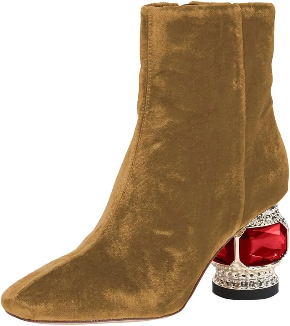 XYD Women Gorgeous Low Chunky Crystal Gem Heel Ankle Boots Closed Square Toe Short Bootie Side Zip Party Ballroom Dress Shoes