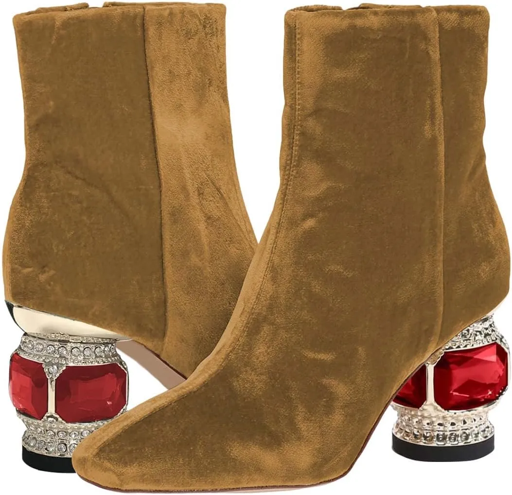 XYD Women Gorgeous Low Chunky Crystal Gem Heel Ankle Boots Closed Square Toe Short Bootie Side Zip Party Ballroom Dress Shoes