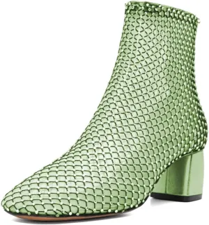 XYD Women Round Toe Short Boots Mesh Crystals Block Heel Shoes Back Zip Cut-out Ankle Bootie Pumps for Party Dressy