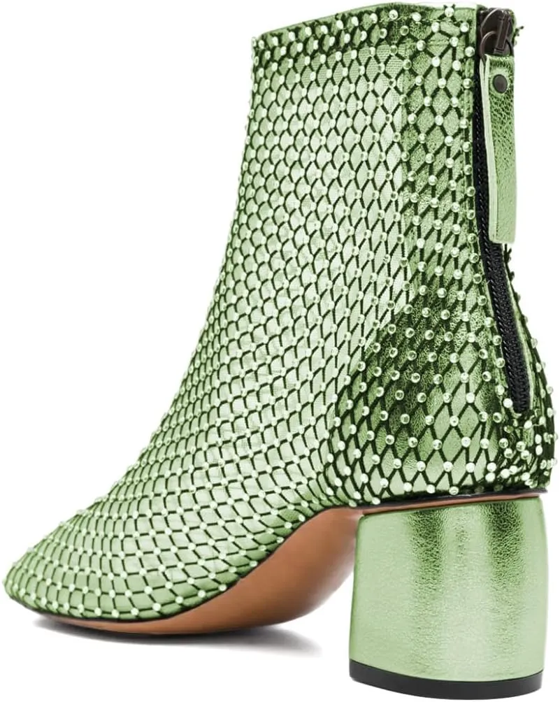 XYD Women Round Toe Short Boots Mesh Crystals Block Heel Shoes Back Zip Cut-out Ankle Bootie Pumps for Party Dressy
