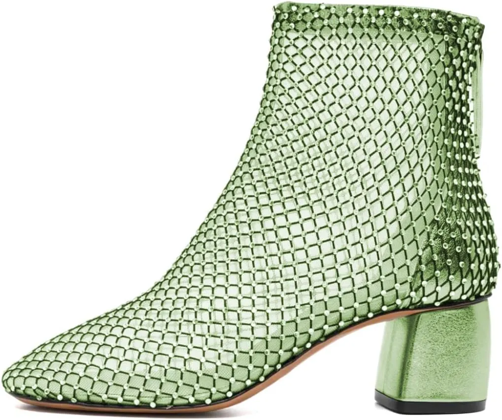 XYD Women Round Toe Short Boots Mesh Crystals Block Heel Shoes Back Zip Cut-out Ankle Bootie Pumps for Party Dressy