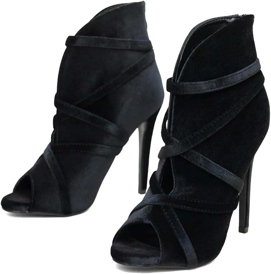 XYD Women Sexy Peep Toe Strappy Cutout High Heel Ankle Boots Stiletto Short Bootie Cocktail Nightclub Prom Dressy Shoes with Back Zipper