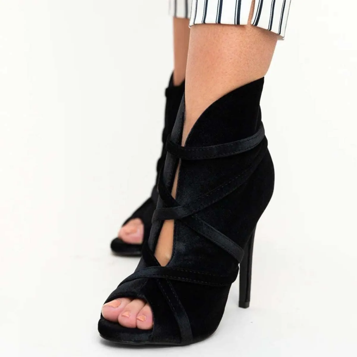 XYD Women Sexy Peep Toe Strappy Cutout High Heel Ankle Boots Stiletto Short Bootie Cocktail Nightclub Prom Dressy Shoes with Back Zipper