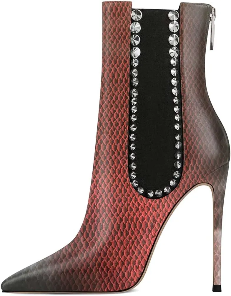 XYD Women Trendy Rivets High Stiletto Heel Closed Pointed Toe Ankle Boots Back Zipper Studded Mid Calf Short Bootie Evening Party Club Shoes