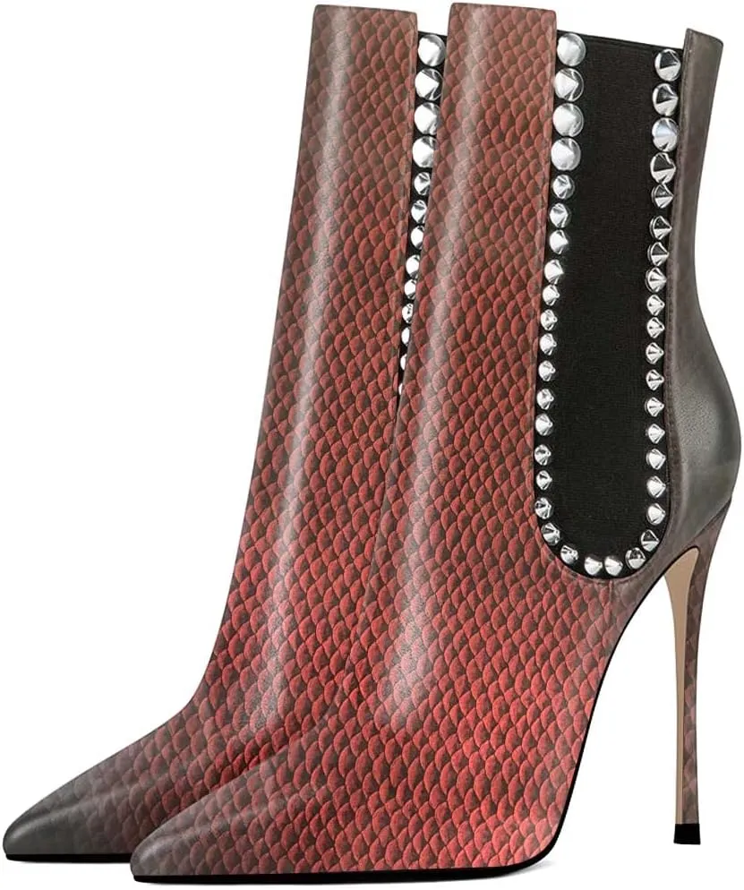 XYD Women Trendy Rivets High Stiletto Heel Closed Pointed Toe Ankle Boots Back Zipper Studded Mid Calf Short Bootie Evening Party Club Shoes